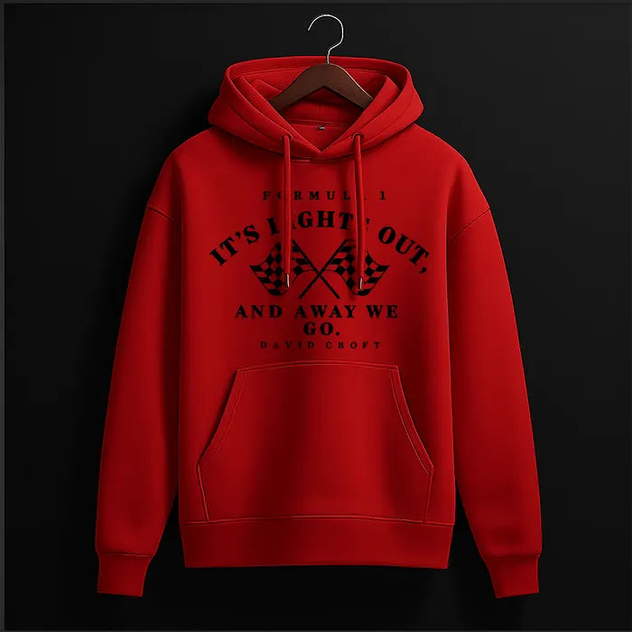 Red hoodie with black crossed checkered flags and 'It's lights out and away we go' racing quote print – front view, The Loopzs