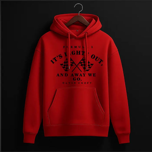 Red hoodie with black crossed checkered flags and 'It's lights out and away we go' racing quote print – front view, The Loopzs