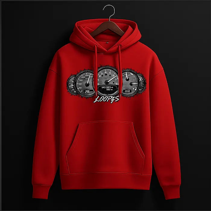 Red speedometer gauge graphic hoodie with car dashboard print and Loopzs tag – front view, The Loopzs