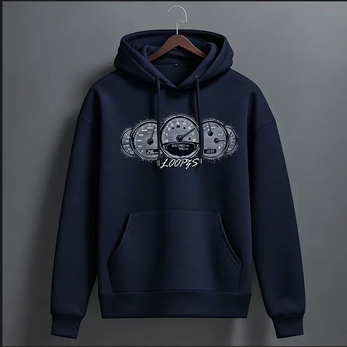 Navy blue speedometer gauge graphic hoodie with car dashboard print and Loopzs tag – front view, The Loopzs