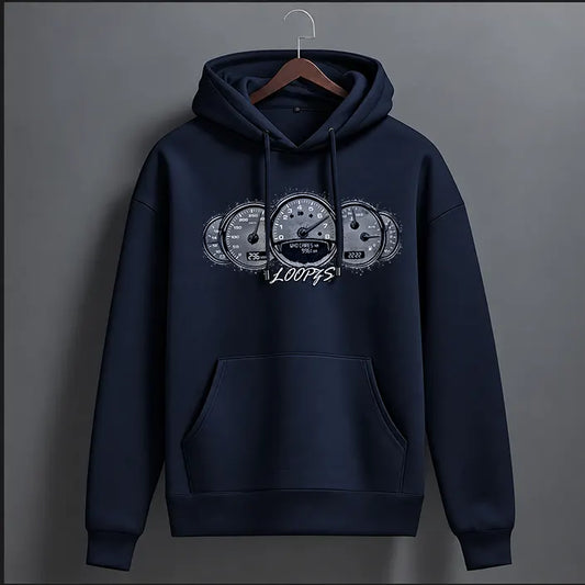 Navy blue speedometer gauge graphic hoodie with car dashboard print and Loopzs tag – front view, The Loopzs