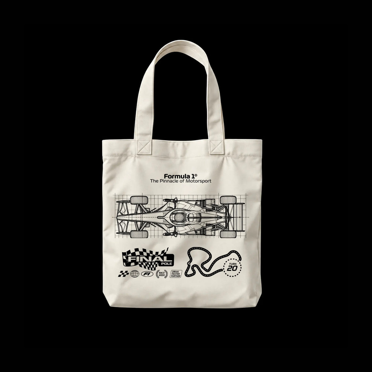 An off-white canvas tote bag with black graphic prints of a Formula 1 car, track map, and checkered flag, displayed against a solid black background.