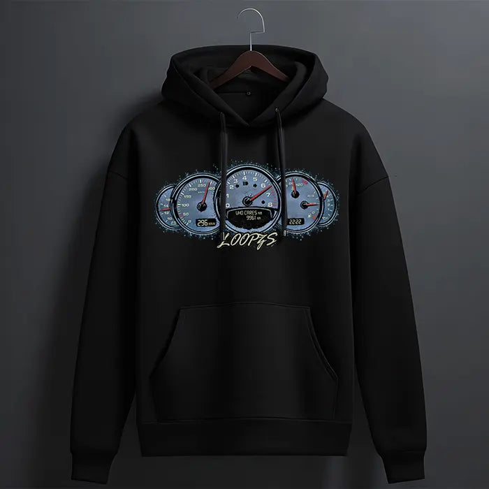 Black speedometer gauge graphic hoodie with blue car dashboard print – front view, The Loopzs