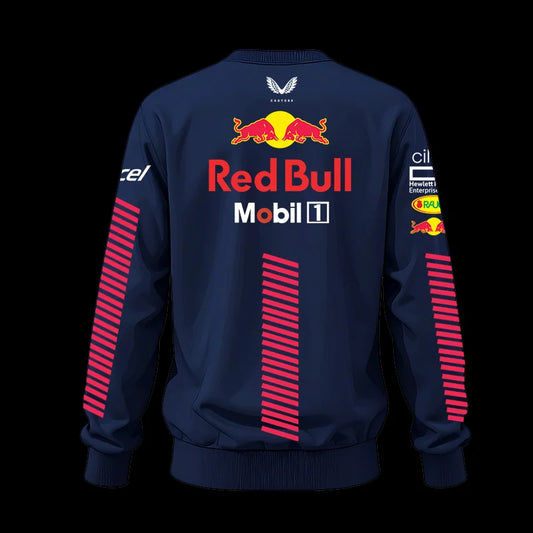Navy blue jacket with Red Bull and Mobil 1 branding on a black background