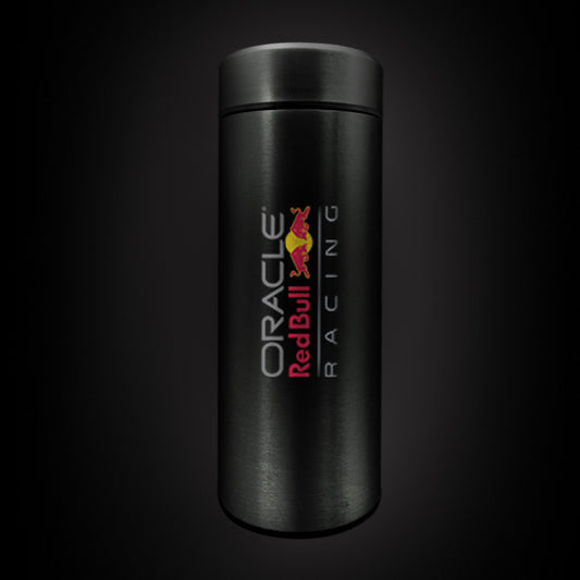 Black insulated bottle with Oracle Red Bull Racing logo on a black background