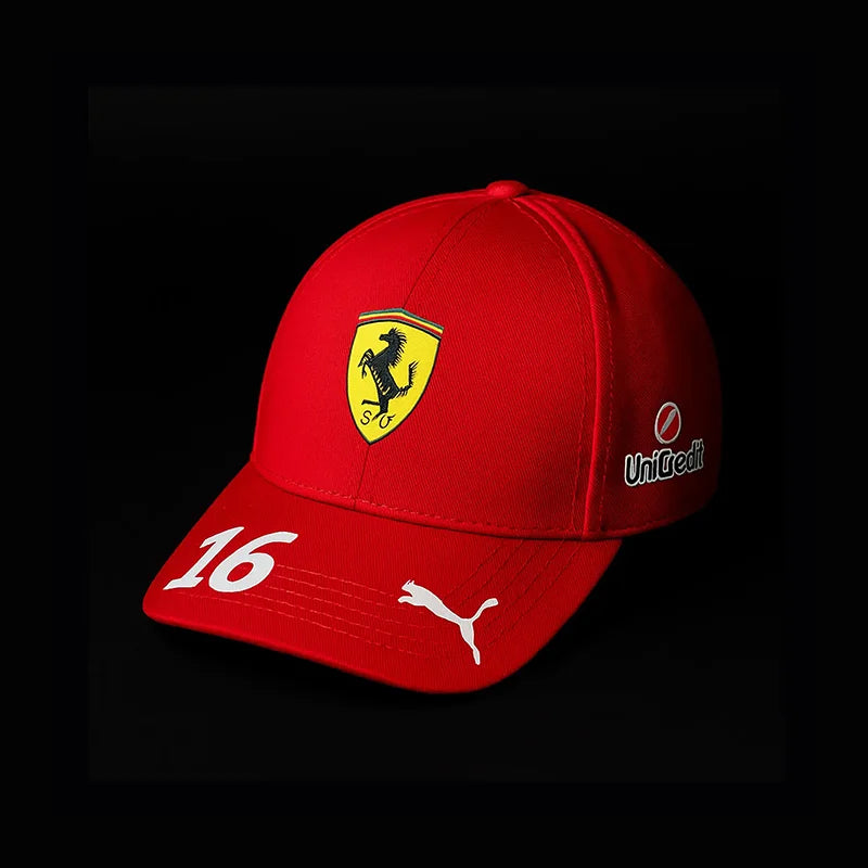 Red cap with Ferrari logo and Puma branding on a black background