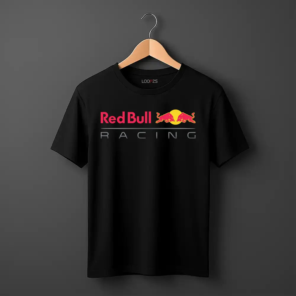 Red bull Racing Logo print in dtf on front of Black T shirt
