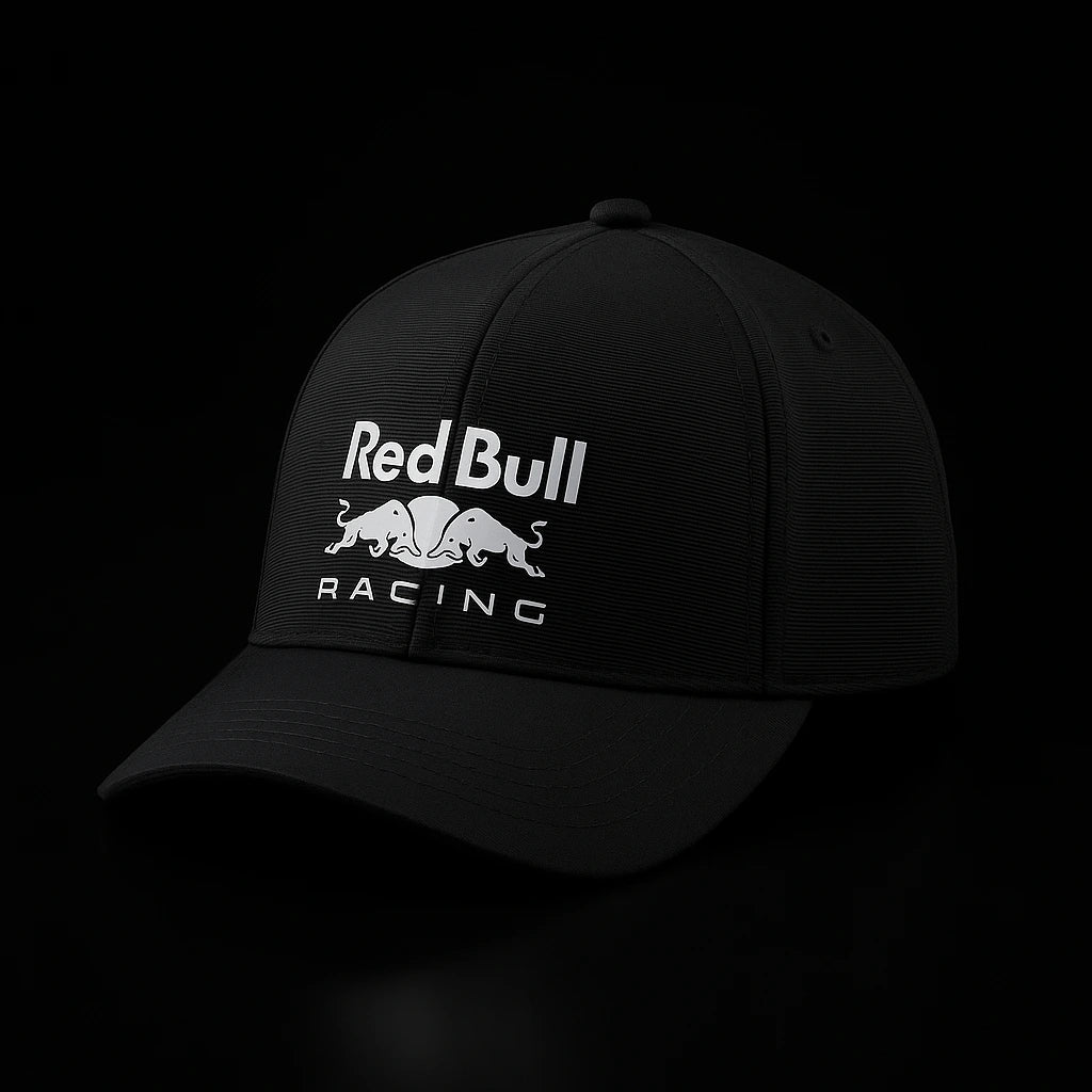 Black cap with Red Bull Racing logo on a black background