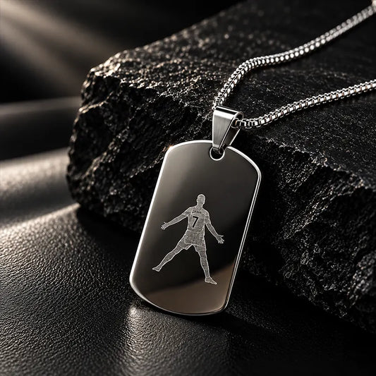 Silver number 7 football dog tag pendant with black mirror face on box chain