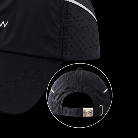 Black athletic cap with reflective white trim and a circular inset showing the adjustable back strap with a silver metal buckle.