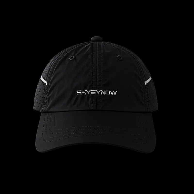 A black baseball cap with reflective white side stripes and a white 'SKYEYNOW' logo on the front, shown against a solid black background.