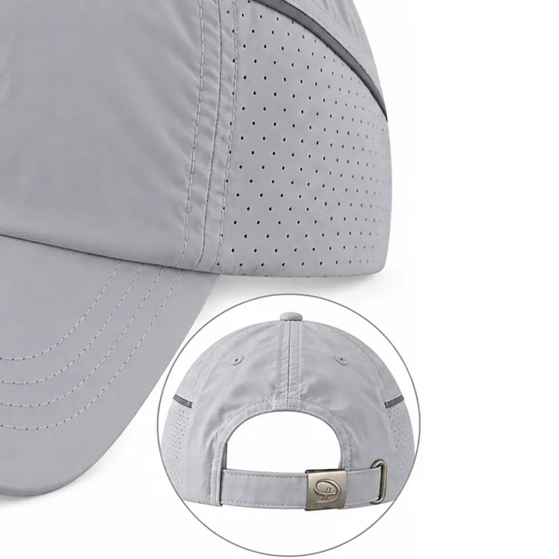 Light gray athletic cap shown in a close-up detail view, featuring perforated side panels, curved brim stitching, and an inset circular back view with an adjustable strap and metal buckle.