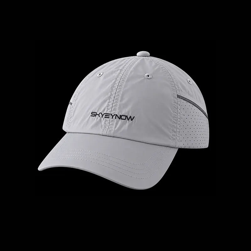 A light gray running cap with the brand name 'SKYSTAY' printed on the front, shown against a solid black background.