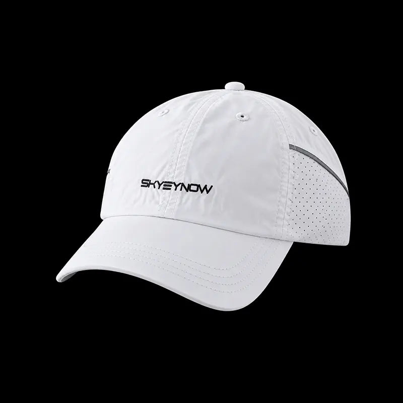 A white SKYENOW baseball cap with a curved brim, featuring a black embroidered logo on the front and a reflective side stripe, shown against a solid black background.