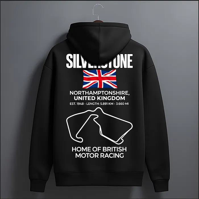 Black Silverstone circuit track map graphic hoodie with Union Jack flag back print – back view, The Loopzs