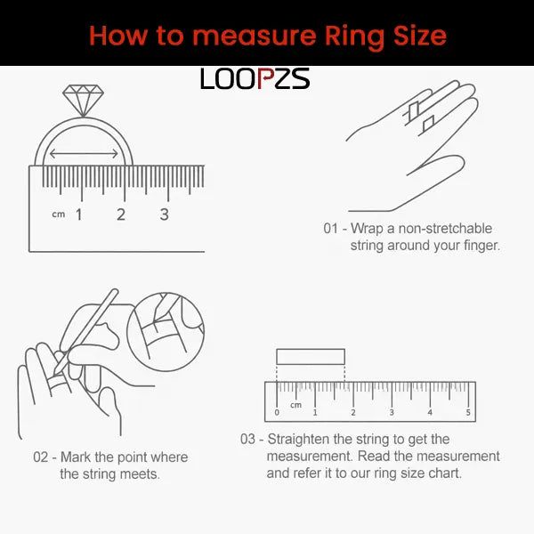 Instructions on how to measure ring size with LOOPZS branding.