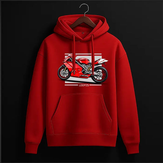 Red superbike graphic hoodie with sports bike print and Loopzs tag on red hoodie – front view, The Loopzs