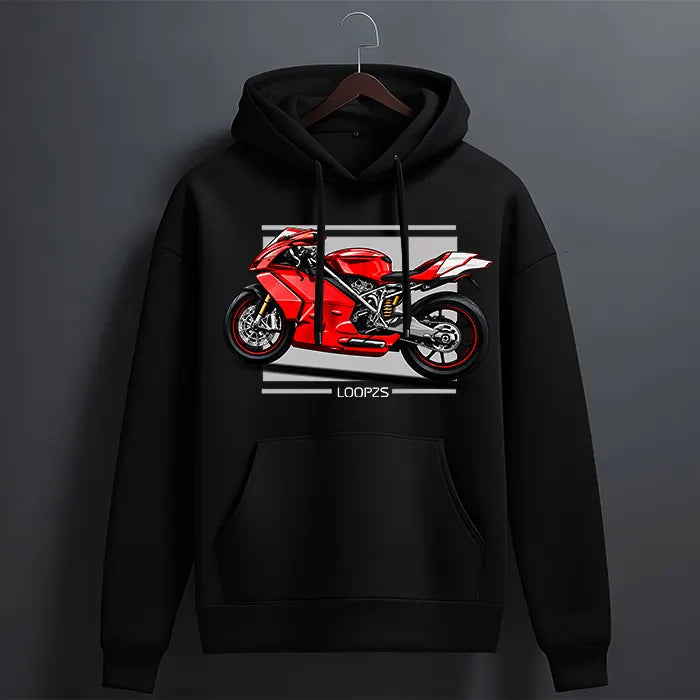 Black red superbike graphic hoodie with sports bike print and Loopzs tag – front view, The Loopzs