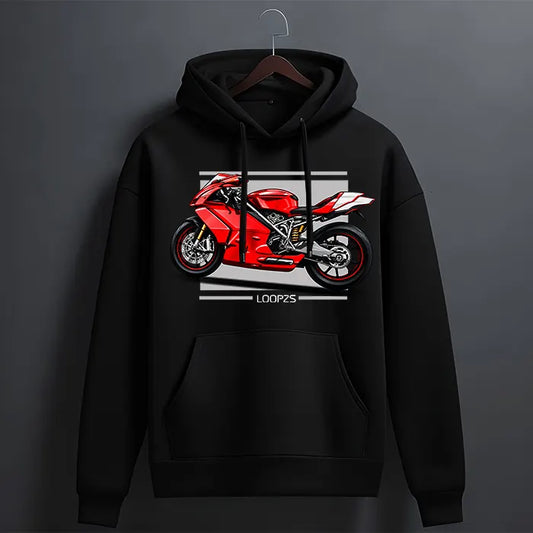 Black red superbike graphic hoodie with sports bike print and Loopzs tag – front view, The Loopzs