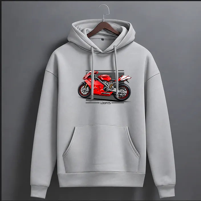 Grey red superbike graphic hoodie with sports bike print and Loopzs tag – front view, The Loopzs