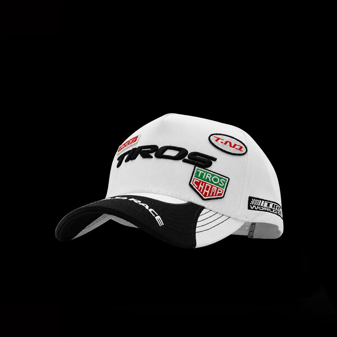 TIROS Racing Cap on white with over all embriodery