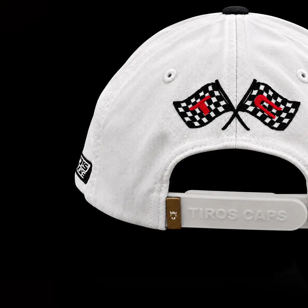 TIROS Racing Cap on white with over all embriodery back view

