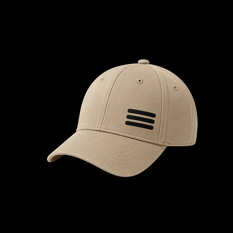 A beige baseball cap with three horizontal black stripes on the front, shown against a solid black background.