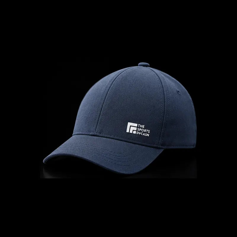 Navy blue six-panel baseball cap, angled front view with curved brim and white printed logo