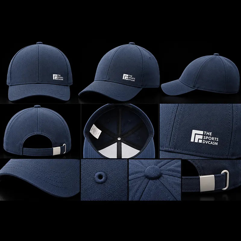 Navy blue adjustable baseball cap shown from front, side, back with metal buckle strap, inside, eyelet and close-up of white logo