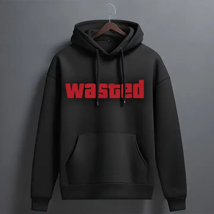 Black hoodie with 'Wasted' text in red on the front