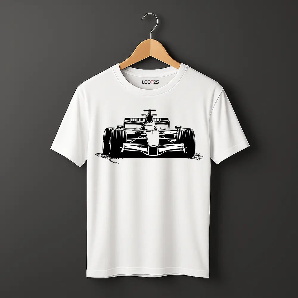 Racing Car Design on front round neck white t shirt