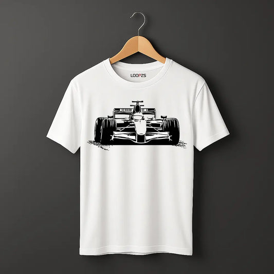 Racing Car Design on front round neck white t shirt