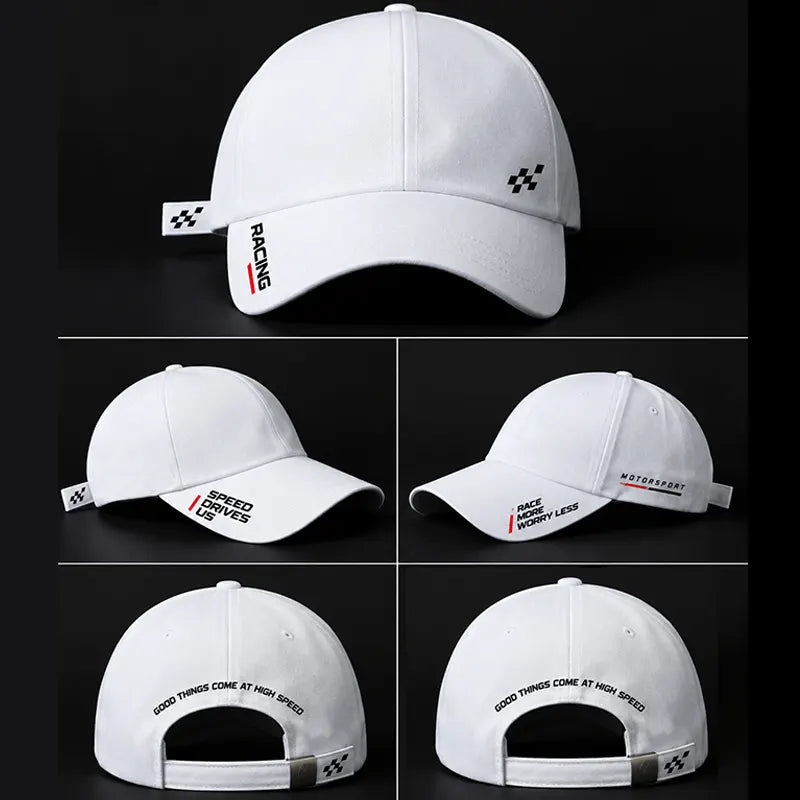 Motorsport racing cap in white galaxy fabric from all sides view