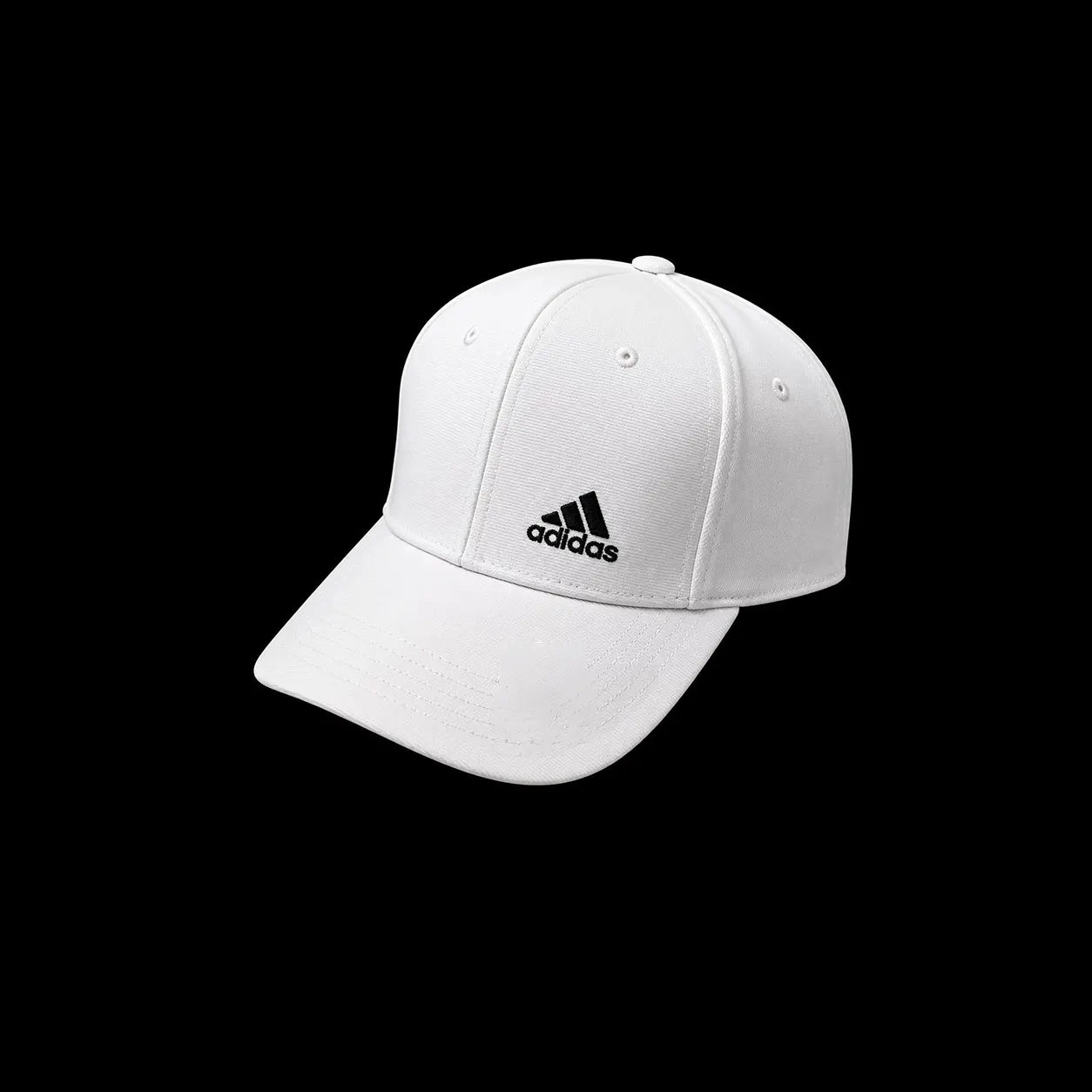 A white structured baseball cap with a curved brim and a black embroidered Adidas logo on the front, shown against a solid black background.