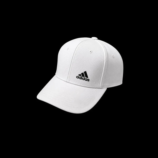 A white structured baseball cap with a curved brim and a black embroidered Adidas logo on the front, shown against a solid black background.