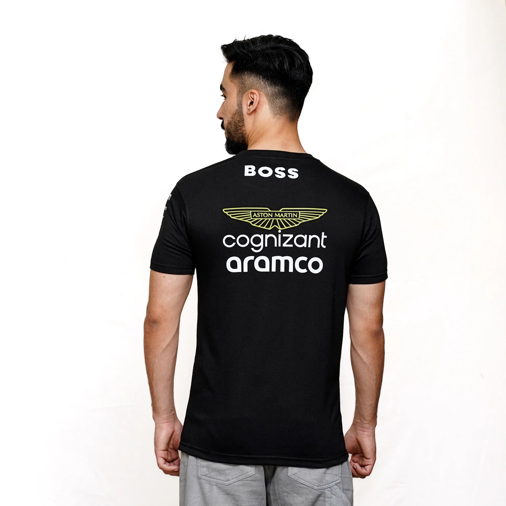 Premium Aston Martin F1 fan T-shirt with official team colors and logo on back.