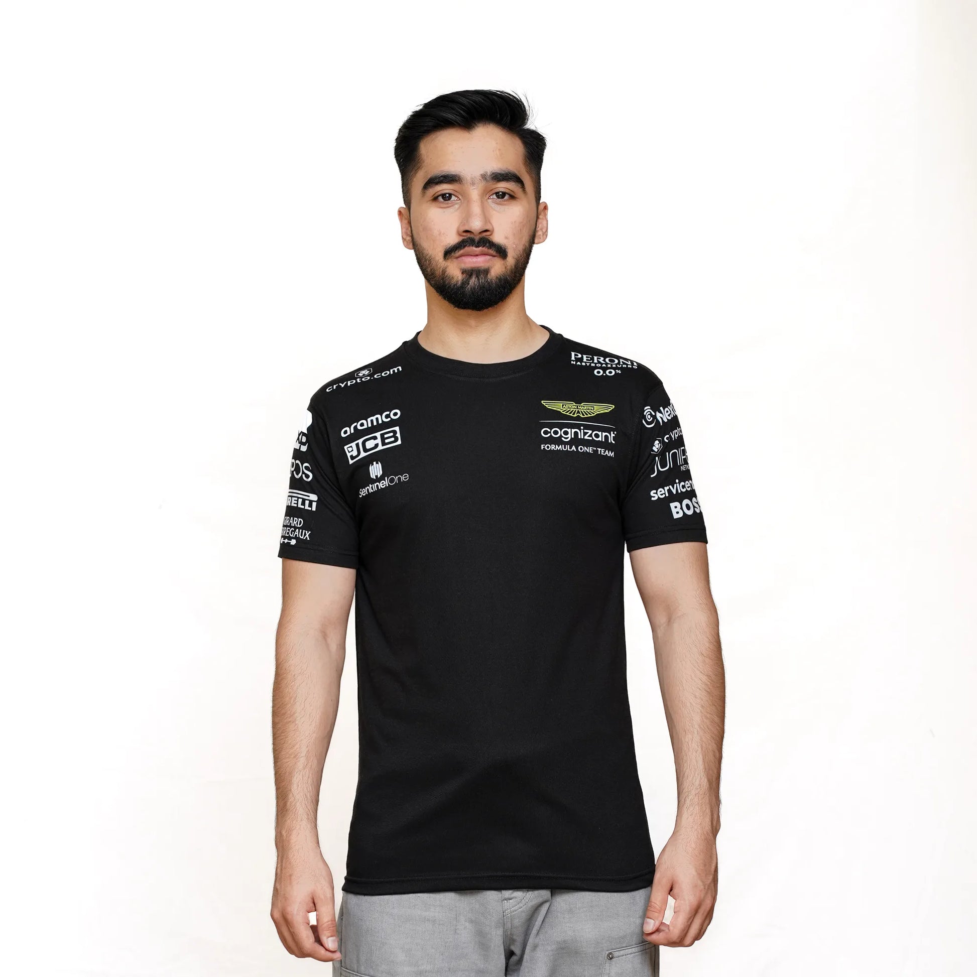 Green Aston Martin Formula 1 Team shirt featuring sponsor and team branding