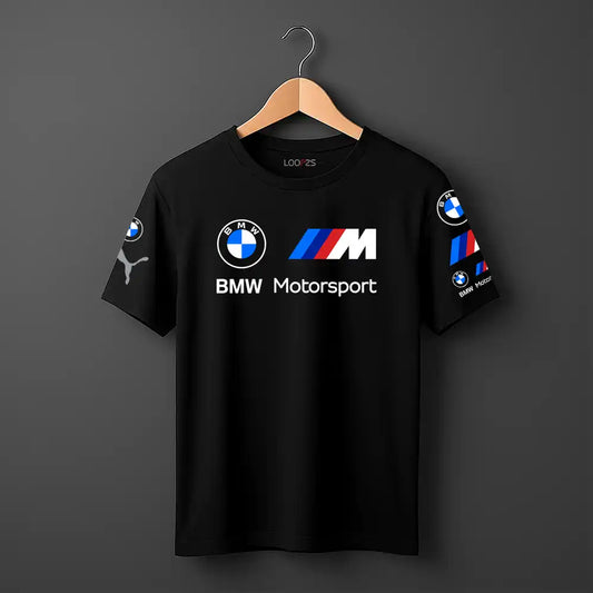 Front view of the BMW M Motorsport and PUMA collaborative white T-shirt featuring prominent chest logo.