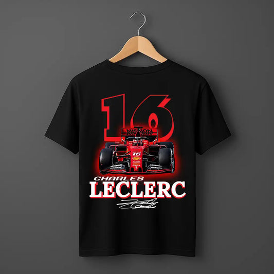 Front view of the Charles Leclerc driver shirt for Scuderia Ferrari F1, black short-sleeve tee featuring driver name and team branding.