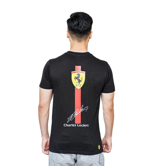 Close-up of Charles Leclerc signature printed on Ferrari White Cotton T-Shirt.