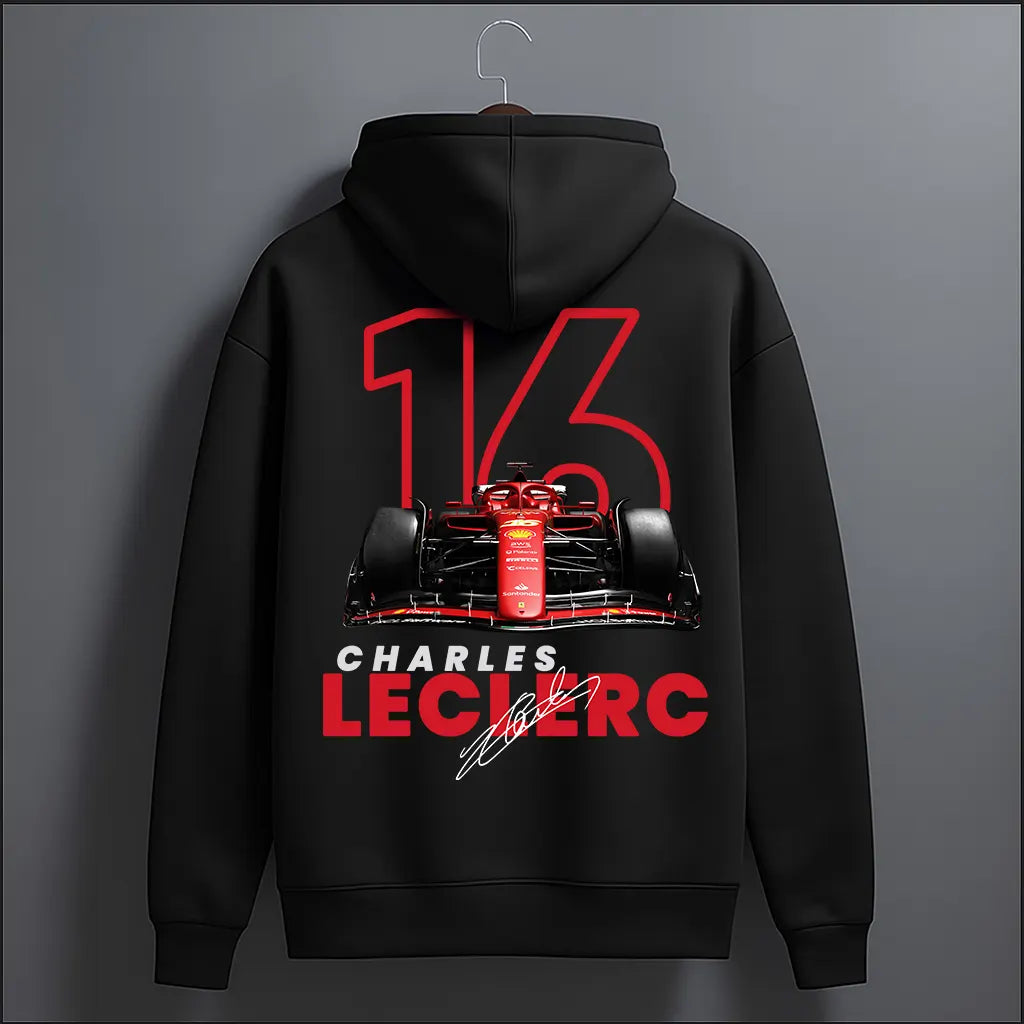 Black oversized racing hoodie back view with large red outline number 16 and front-on red race car print