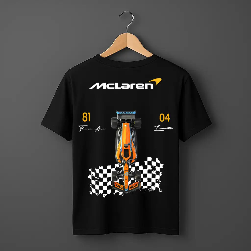 Black McLaren T-shirt with top-view Formula 1 car graphic and checkered flag design.