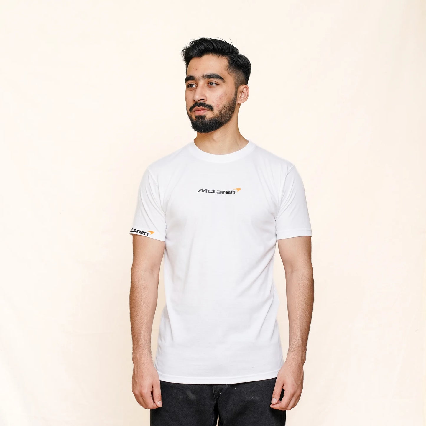 Mclaren unisex White tee with dtf print of racing car on the back