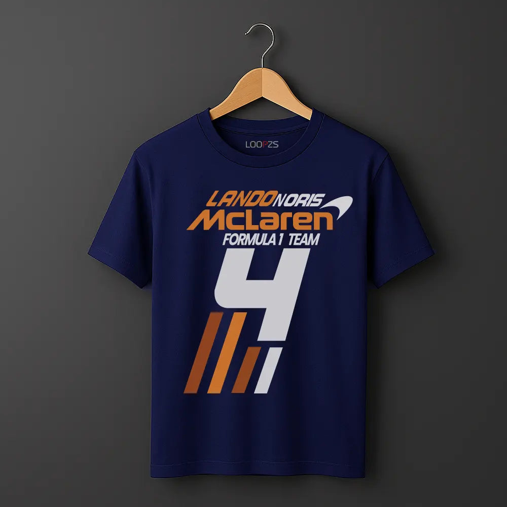 Navy blue t-shirt with Lando Norris McLaren Formula 1 Team logo on a wooden hanger against a dark gray background