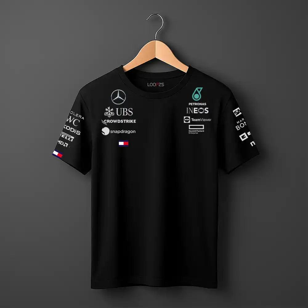Front product photo of a men’s Black  motorsport graphic T-shirt featuring Racing Collection-inspired branding.