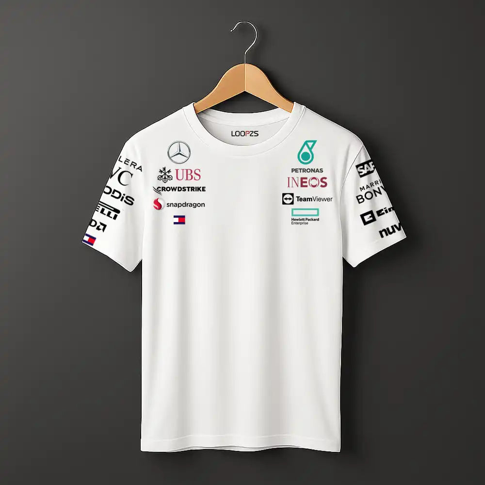 an wearing a white Mercedes F1-style T-shirt with multiple team sponsor logos, front view.