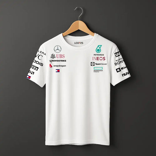 an wearing a white Mercedes F1-style T-shirt with multiple team sponsor logos, front view.