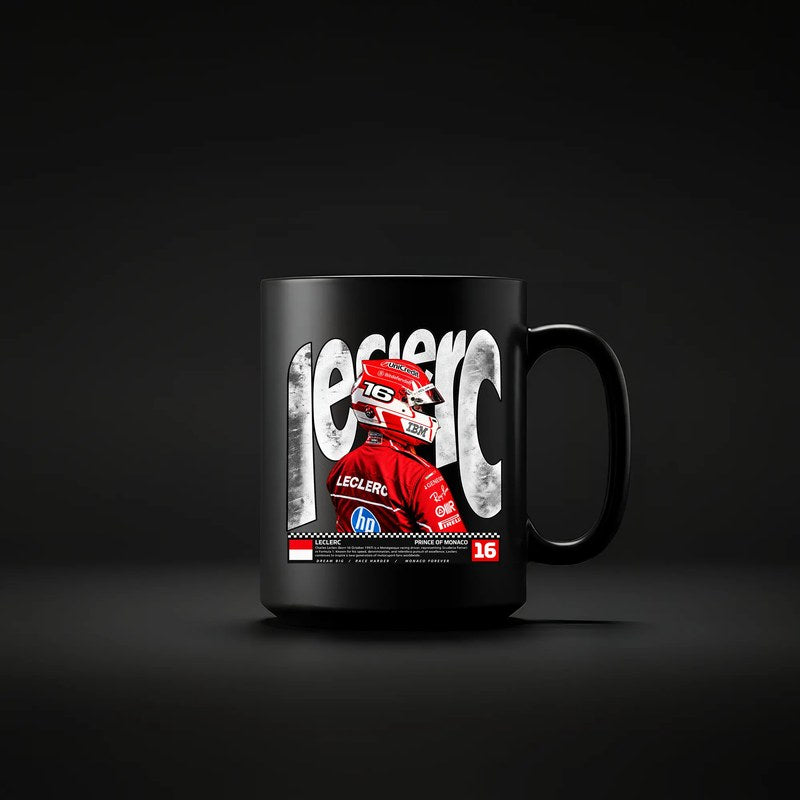 Black ceramic racing mug with number 16 red and white print, Loopzs