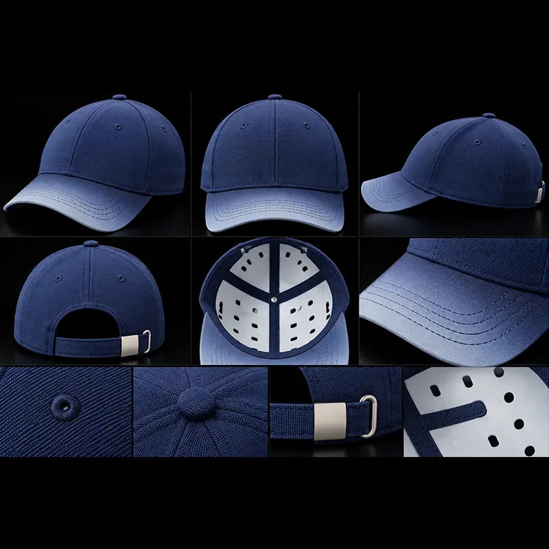 Navy blue cap with gradient visor front, side, back, inside and detail views, Loopzs Pakistan