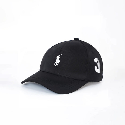 Front view of black Polo cap 2025 edition with white No.3 logo – premium F1 inspired hat in Pakistan